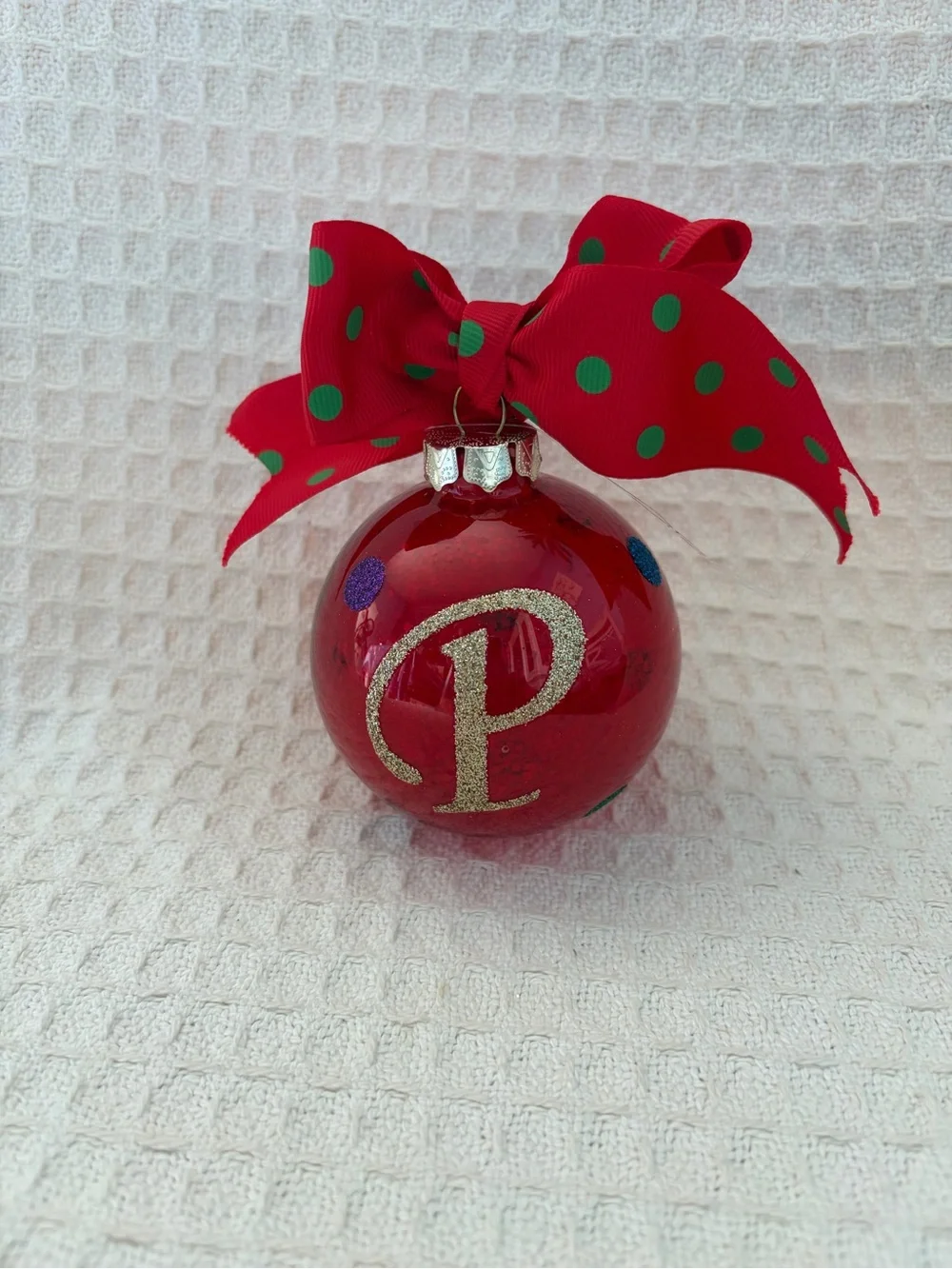 The Christmas Tree Shops Monogram P Red Glitter Ornament With Polka Dots & Bow